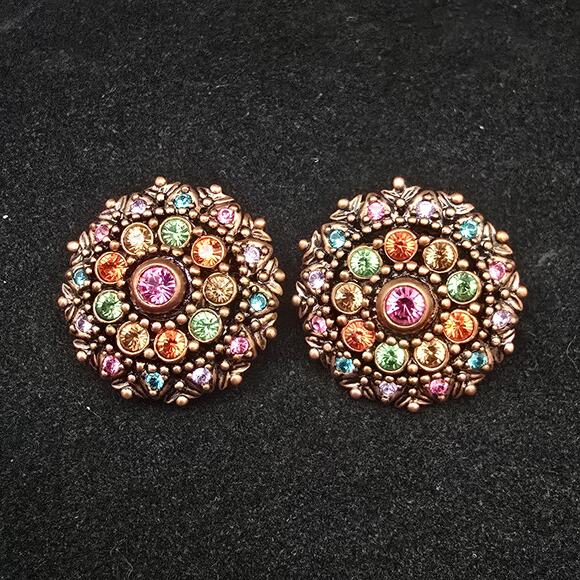 Joan Rivers Colorful Rhinestone Clip On Earrings Round Circle Bronze Tone Color - Picture 1 of 7